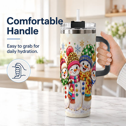 #pl[Black] Snowman Family 40oz Tumbler with Handle, Colorful Winter Art