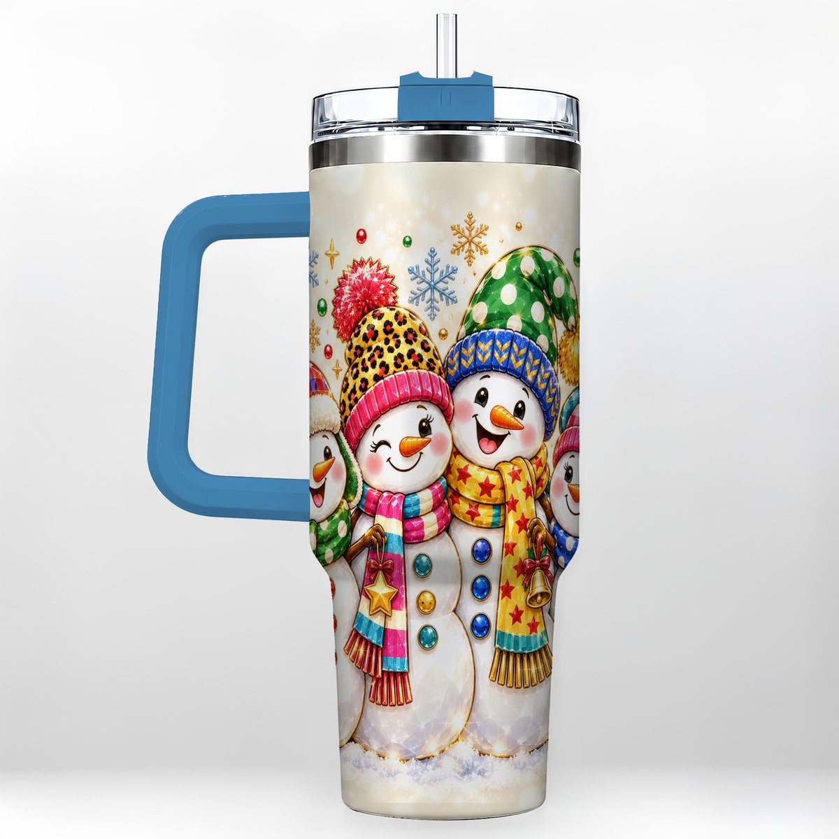 #pl[Blue] Snowman Family 40oz Tumbler with Handle, Colorful Winter Art