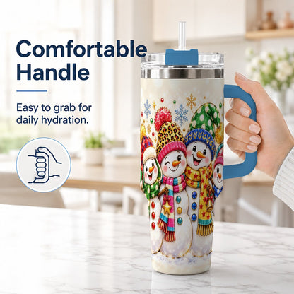 #pl[Blue] Snowman Family 40oz Tumbler with Handle, Colorful Winter Art