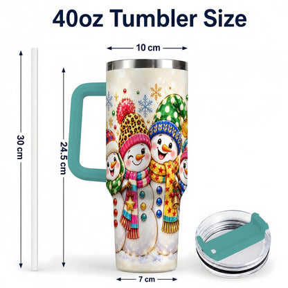 #pl[Green] Snowman Family 40oz Tumbler with Handle, Colorful Winter Art