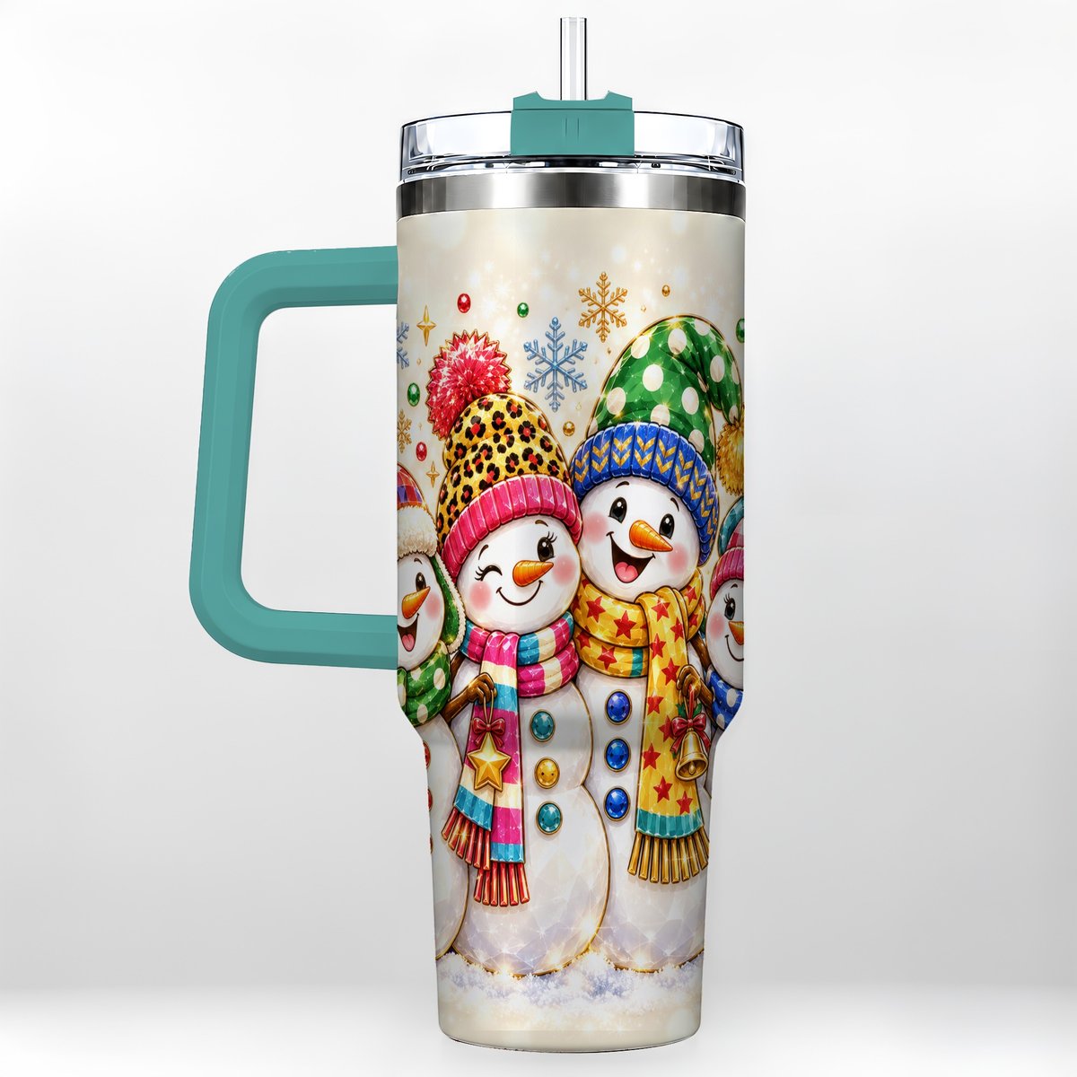 #pl[Green] Snowman Family 40oz Tumbler with Handle, Colorful Winter Art