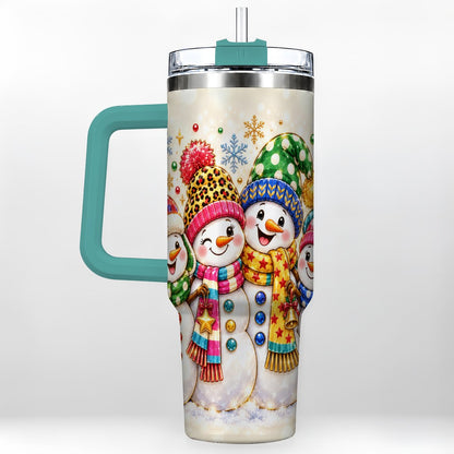 #pl[Green] Snowman Family 40oz Tumbler with Handle, Colorful Winter Art