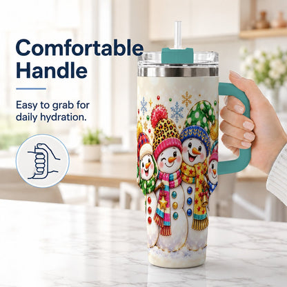#pl[Green] Snowman Family 40oz Tumbler with Handle, Colorful Winter Art