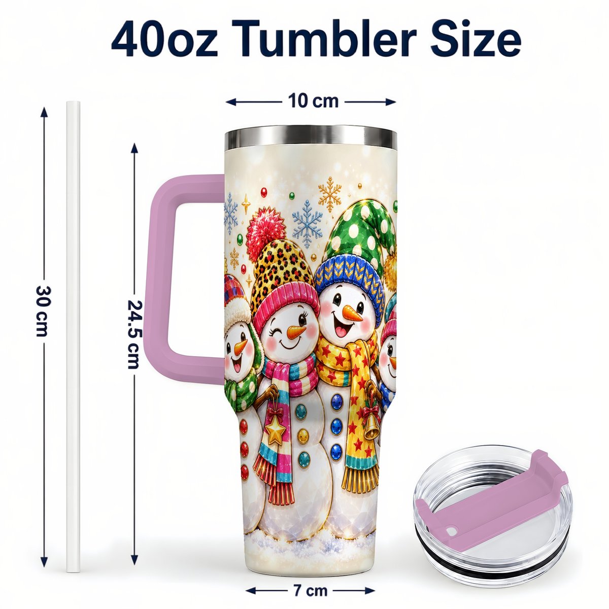 #pl[Pink] Snowman Family 40oz Tumbler with Handle, Colorful Winter Art