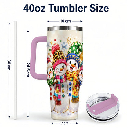 #pl[Pink] Snowman Family 40oz Tumbler with Handle, Colorful Winter Art