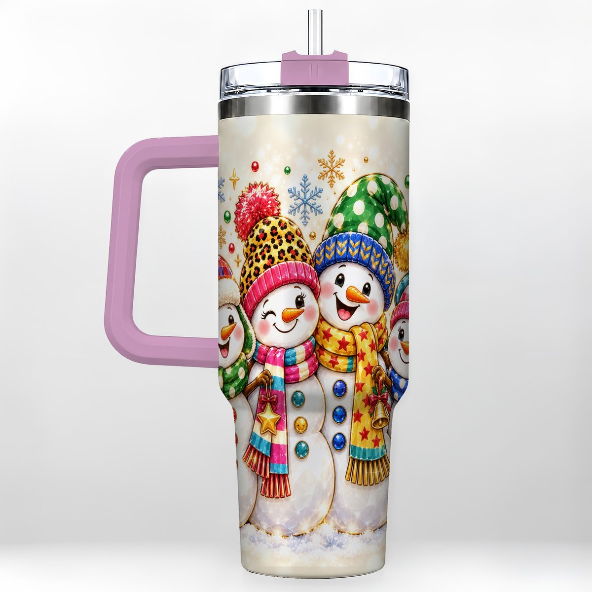 #pl[Pink] Snowman Family 40oz Tumbler with Handle, Colorful Winter Art