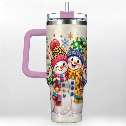 #pl[Pink] Snowman Family 40oz Tumbler with Handle, Colorful Winter Art