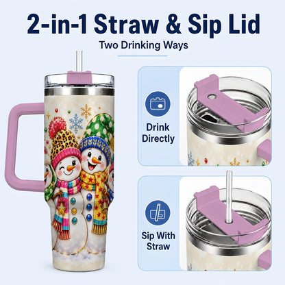 #pl[Pink] Snowman Family 40oz Tumbler with Handle, Colorful Winter Art