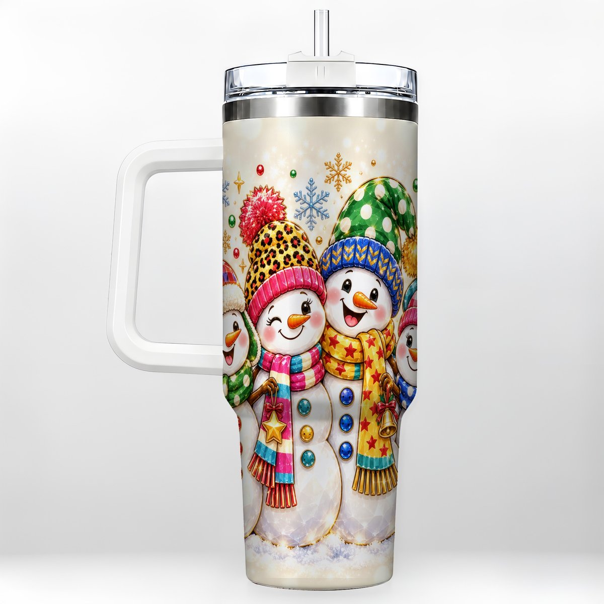 Snowman Family 40oz Tumbler with Handle, Colorful Winter Art