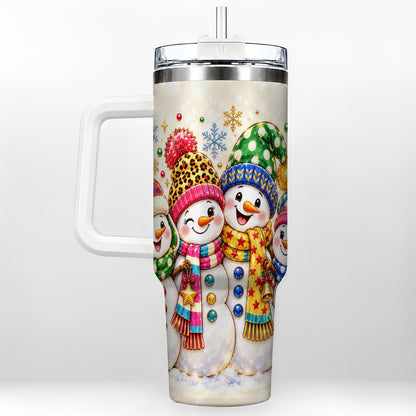 Snowman Family 40oz Tumbler with Handle, Colorful Winter Art