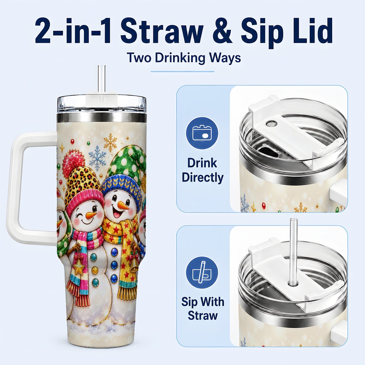 #pl[White] Snowman Family 40oz Tumbler with Handle, Colorful Winter Art