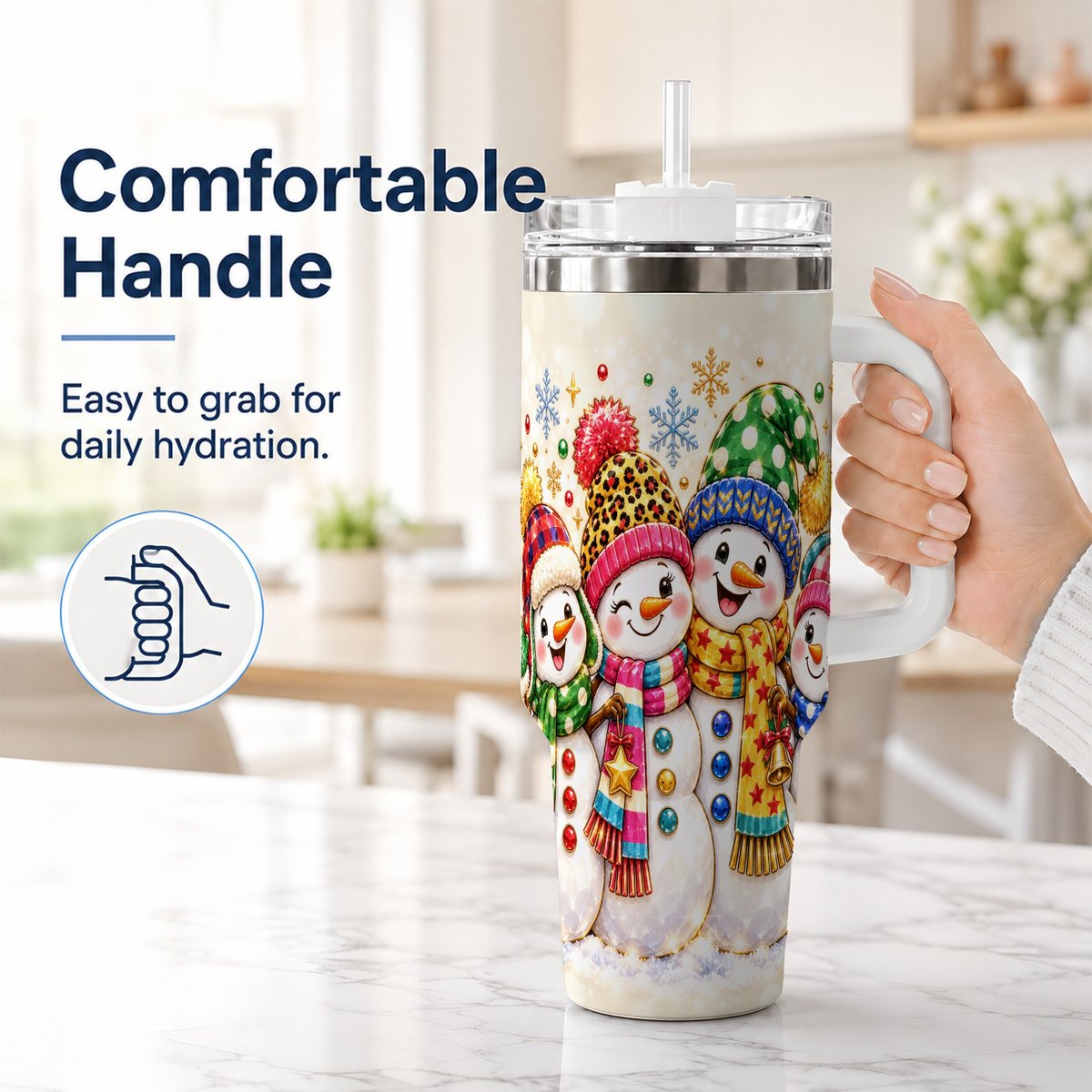 #pl[White] Snowman Family 40oz Tumbler with Handle, Colorful Winter Art
