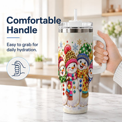 #pl[White] Snowman Family 40oz Tumbler with Handle, Colorful Winter Art
