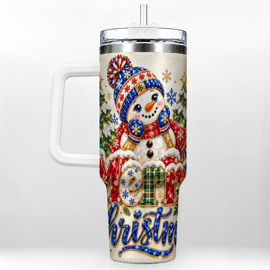 Merry Christmas Snowman 40oz Tumbler with Handle, Holiday Art