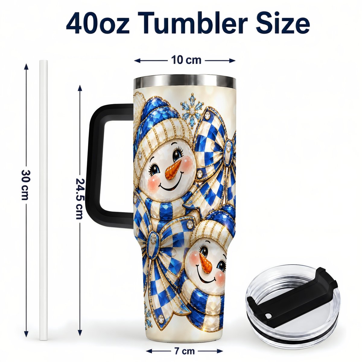 #pl[Black] Blue Snowman Pair 40oz Tumbler with Handle, Winter Bow Art