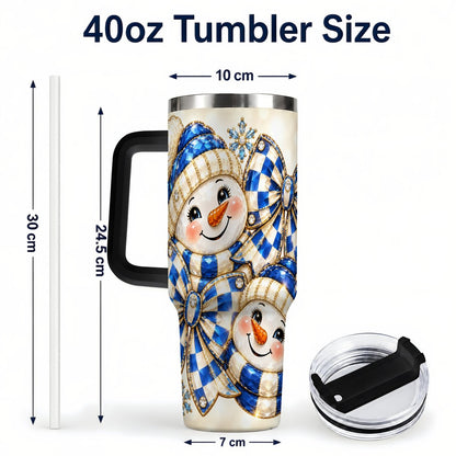 #pl[Black] Blue Snowman Pair 40oz Tumbler with Handle, Winter Bow Art
