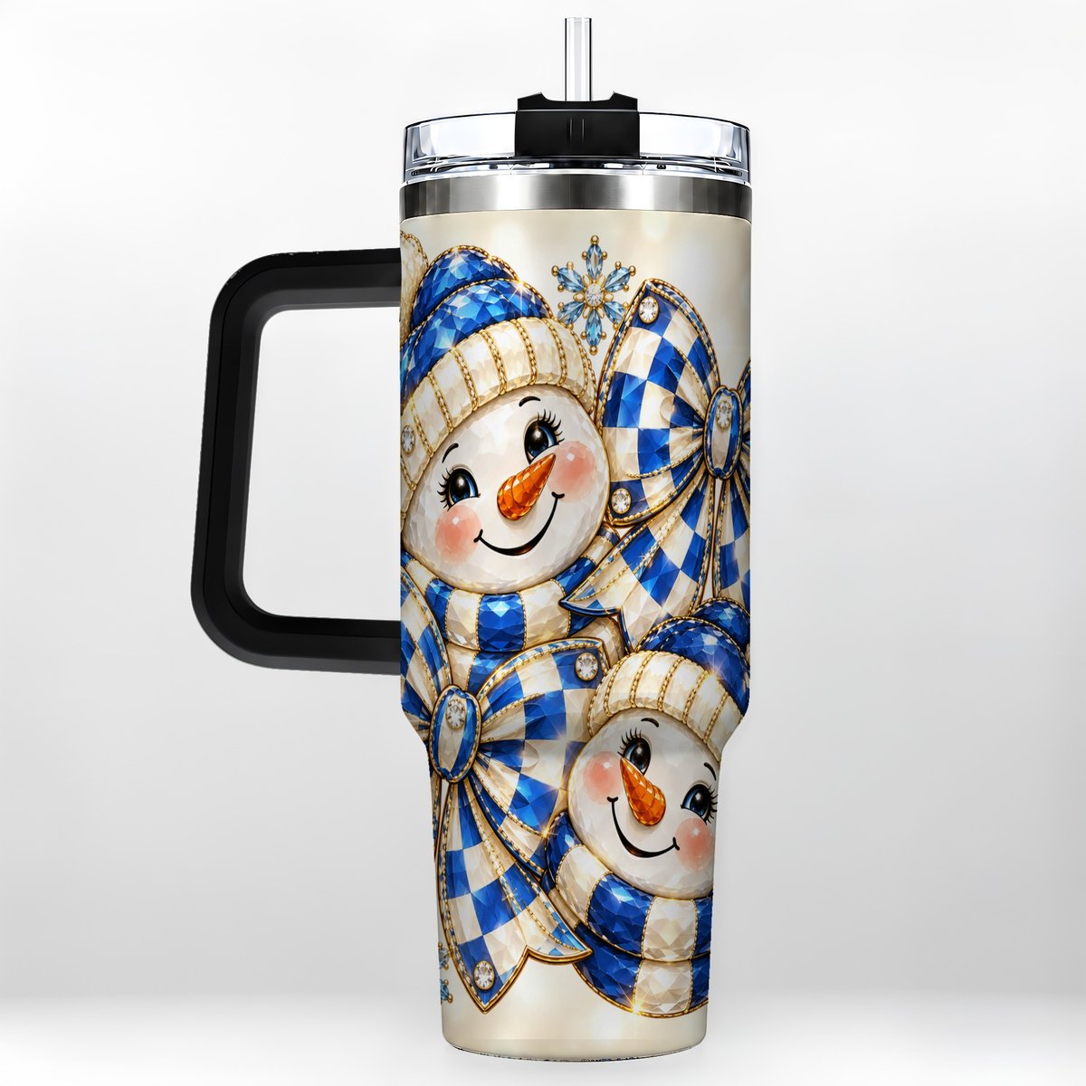 #pl[Black] Blue Snowman Pair 40oz Tumbler with Handle, Winter Bow Art