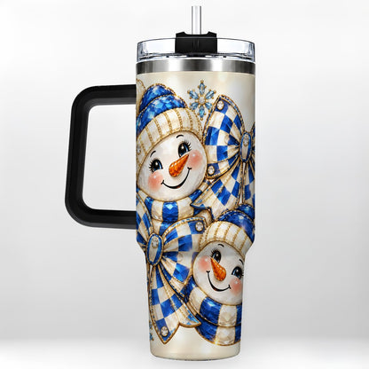 #pl[Black] Blue Snowman Pair 40oz Tumbler with Handle, Winter Bow Art