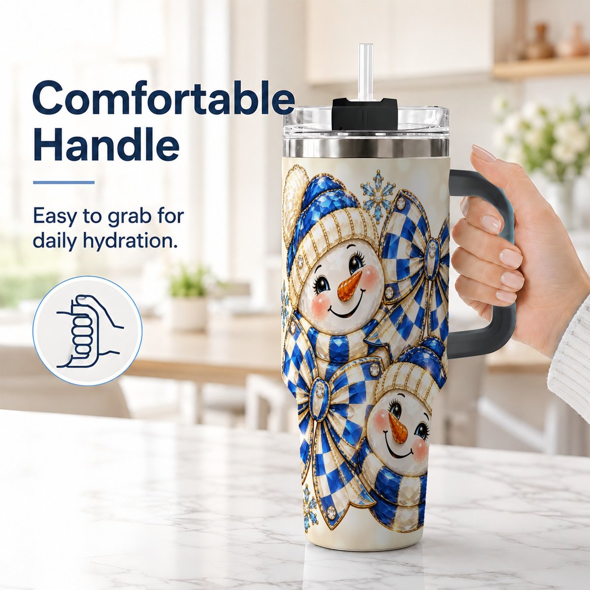 #pl[Black] Blue Snowman Pair 40oz Tumbler with Handle, Winter Bow Art