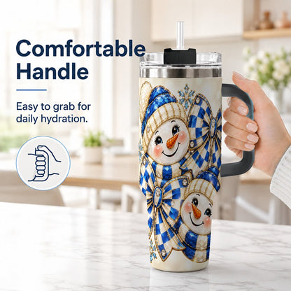 #pl[Black] Blue Snowman Pair 40oz Tumbler with Handle, Winter Bow Art