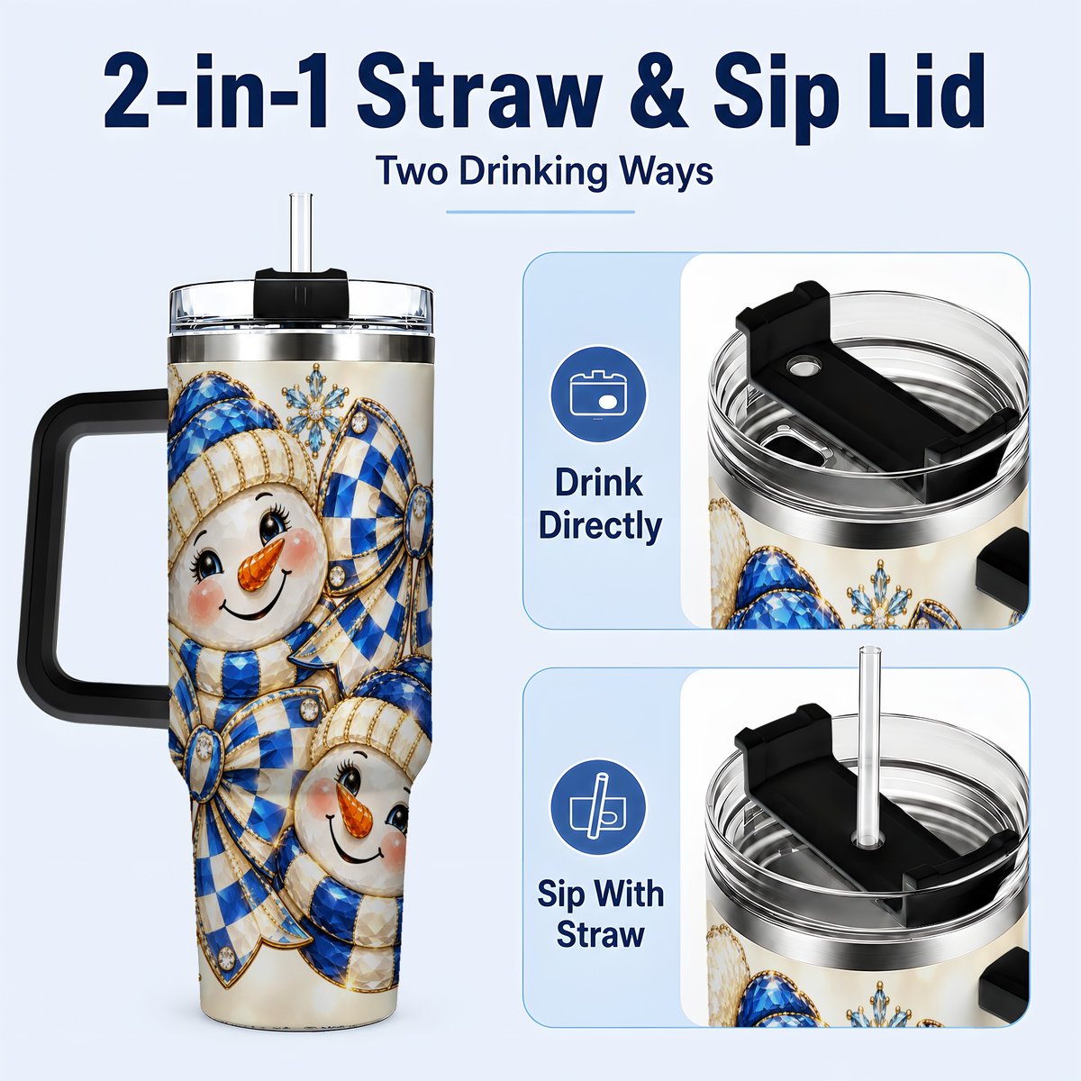 #pl[Black] Blue Snowman Pair 40oz Tumbler with Handle, Winter Bow Art