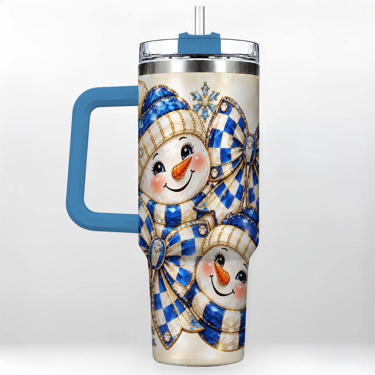 #pl[Blue] Blue Snowman Pair 40oz Tumbler with Handle, Winter Bow Art