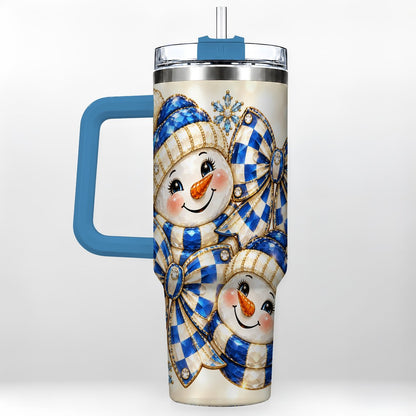 #pl[Blue] Blue Snowman Pair 40oz Tumbler with Handle, Winter Bow Art