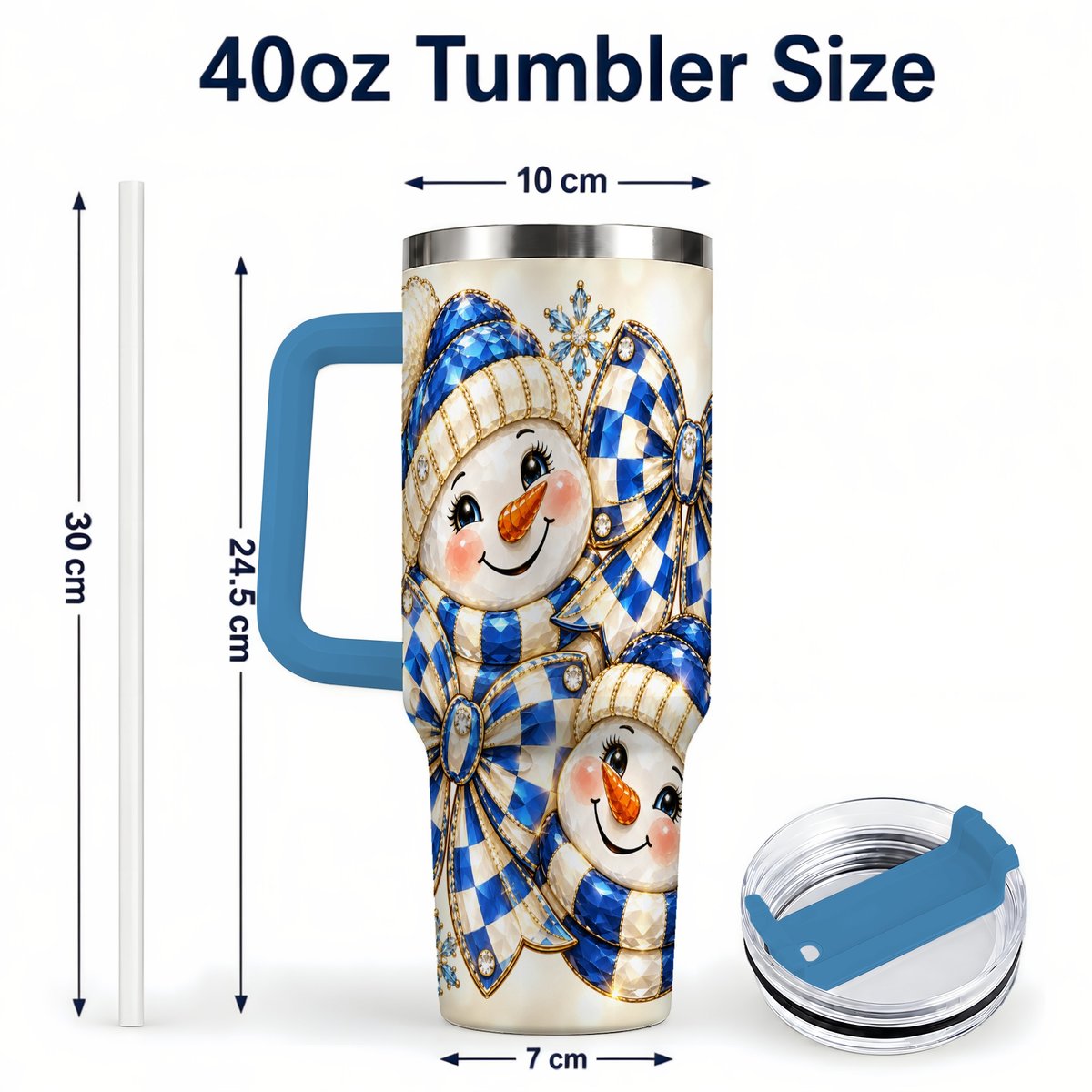 #pl[Blue] Blue Snowman Pair 40oz Tumbler with Handle, Winter Bow Art