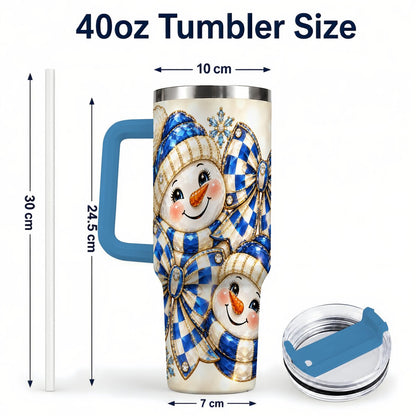#pl[Blue] Blue Snowman Pair 40oz Tumbler with Handle, Winter Bow Art