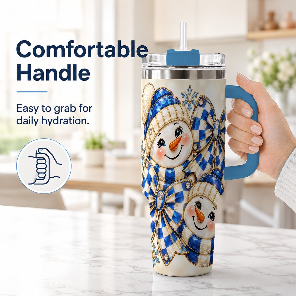 #pl[Blue] Blue Snowman Pair 40oz Tumbler with Handle, Winter Bow Art