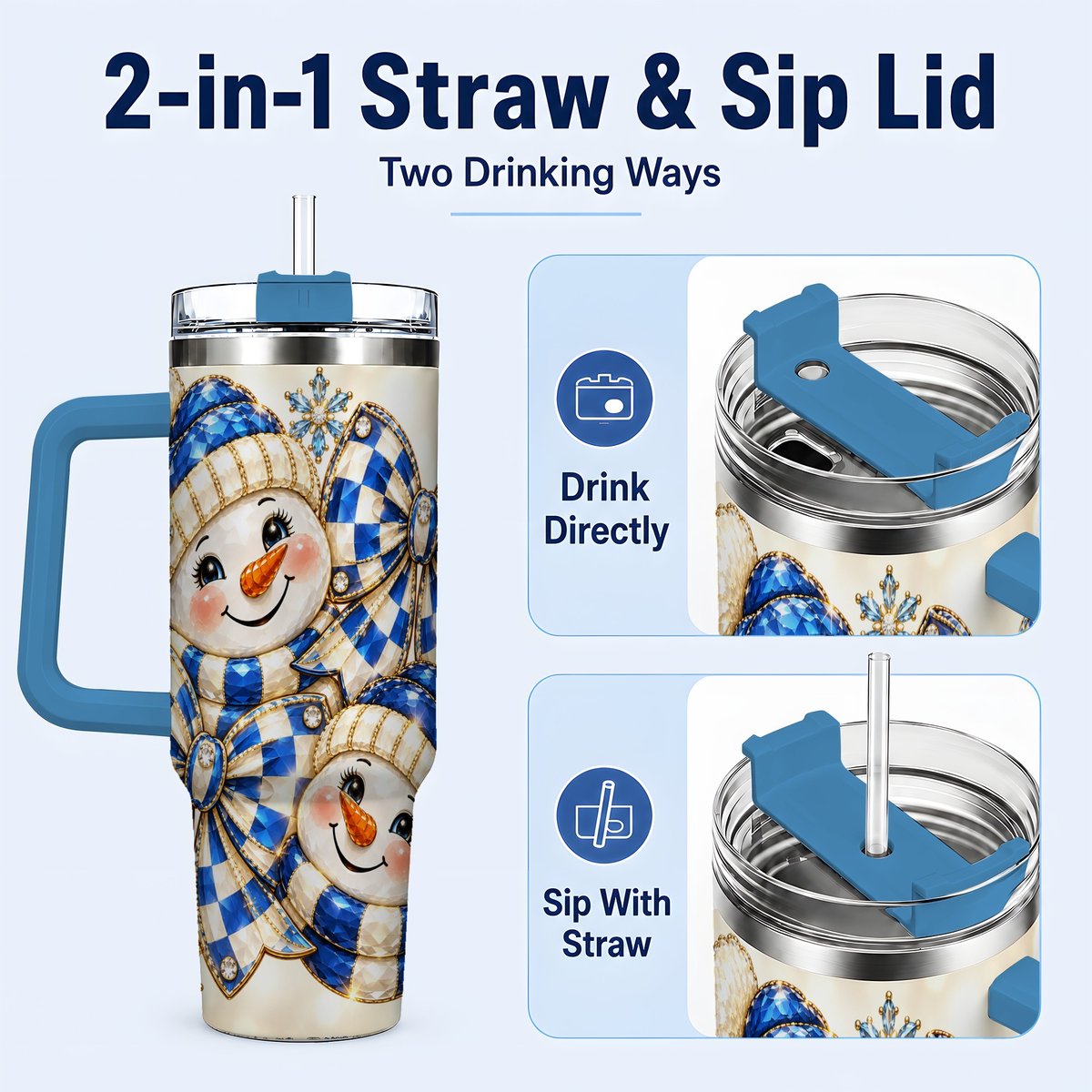 #pl[Blue] Blue Snowman Pair 40oz Tumbler with Handle, Winter Bow Art