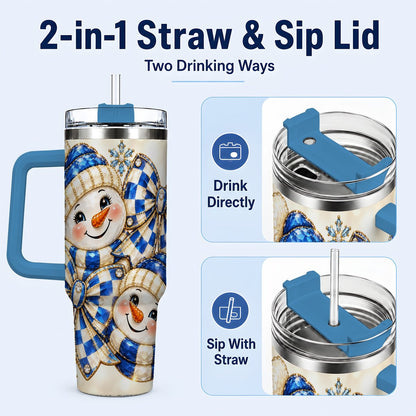 #pl[Blue] Blue Snowman Pair 40oz Tumbler with Handle, Winter Bow Art