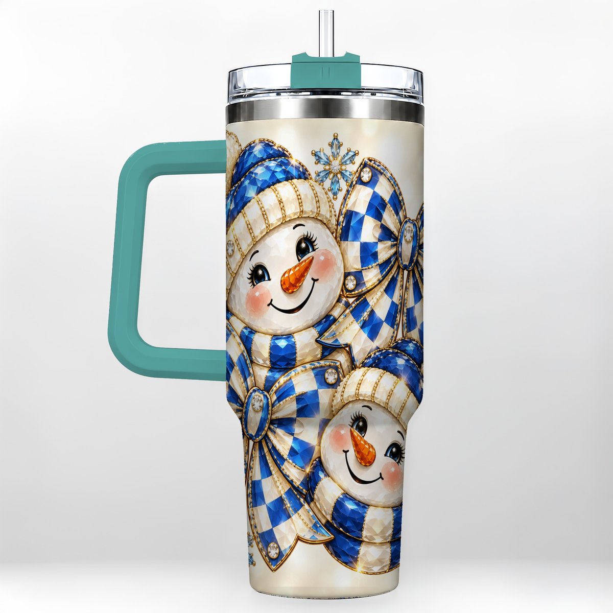 #pl[Green] Blue Snowman Pair 40oz Tumbler with Handle, Winter Bow Art