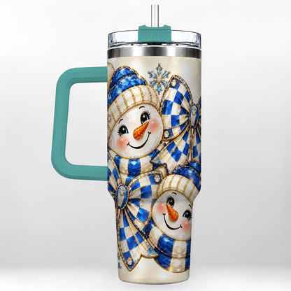 #pl[Green] Blue Snowman Pair 40oz Tumbler with Handle, Winter Bow Art