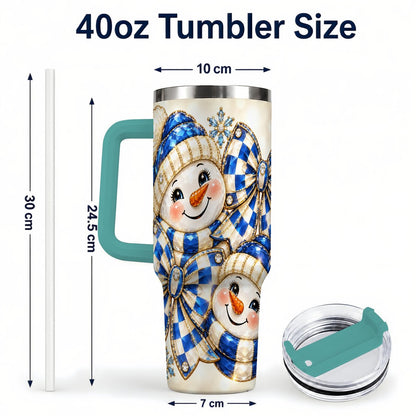 #pl[Green] Blue Snowman Pair 40oz Tumbler with Handle, Winter Bow Art