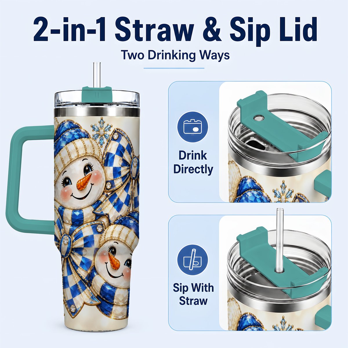 #pl[Green] Blue Snowman Pair 40oz Tumbler with Handle, Winter Bow Art