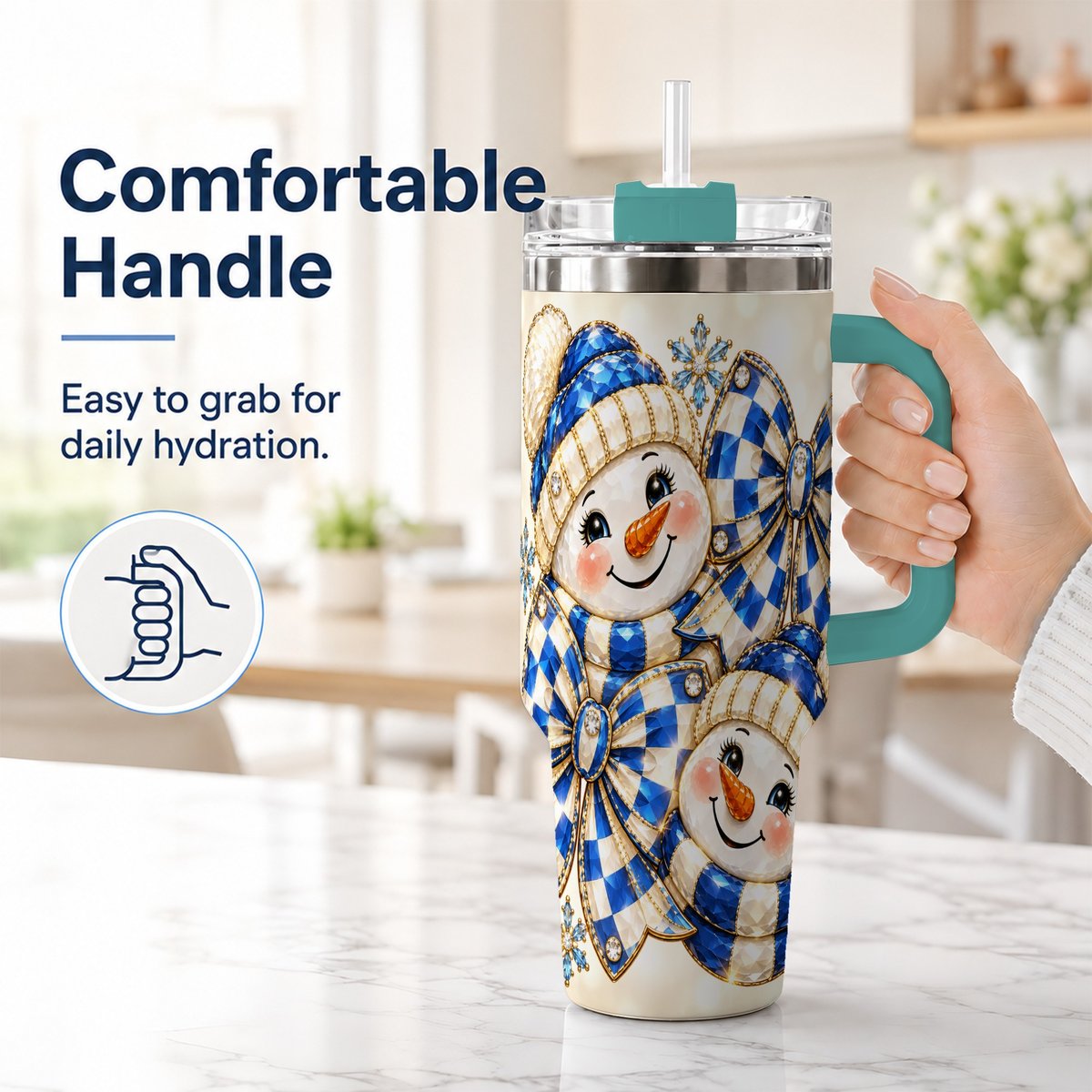 #pl[Green] Blue Snowman Pair 40oz Tumbler with Handle, Winter Bow Art