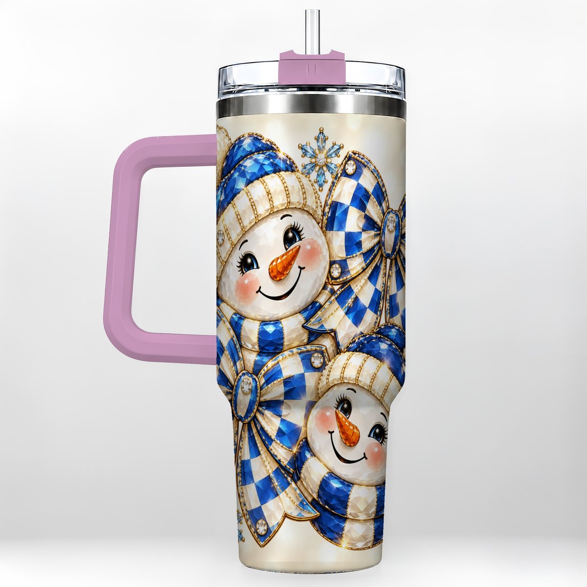 #pl[Pink] Blue Snowman Pair 40oz Tumbler with Handle, Winter Bow Art