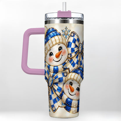 #pl[Pink] Blue Snowman Pair 40oz Tumbler with Handle, Winter Bow Art