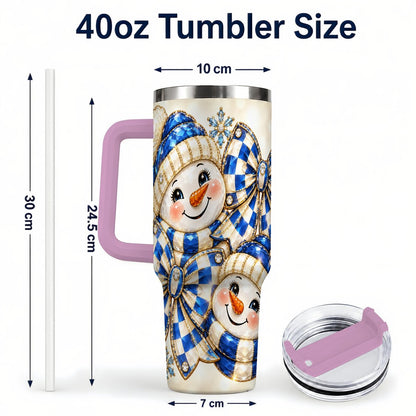 #pl[Pink] Blue Snowman Pair 40oz Tumbler with Handle, Winter Bow Art