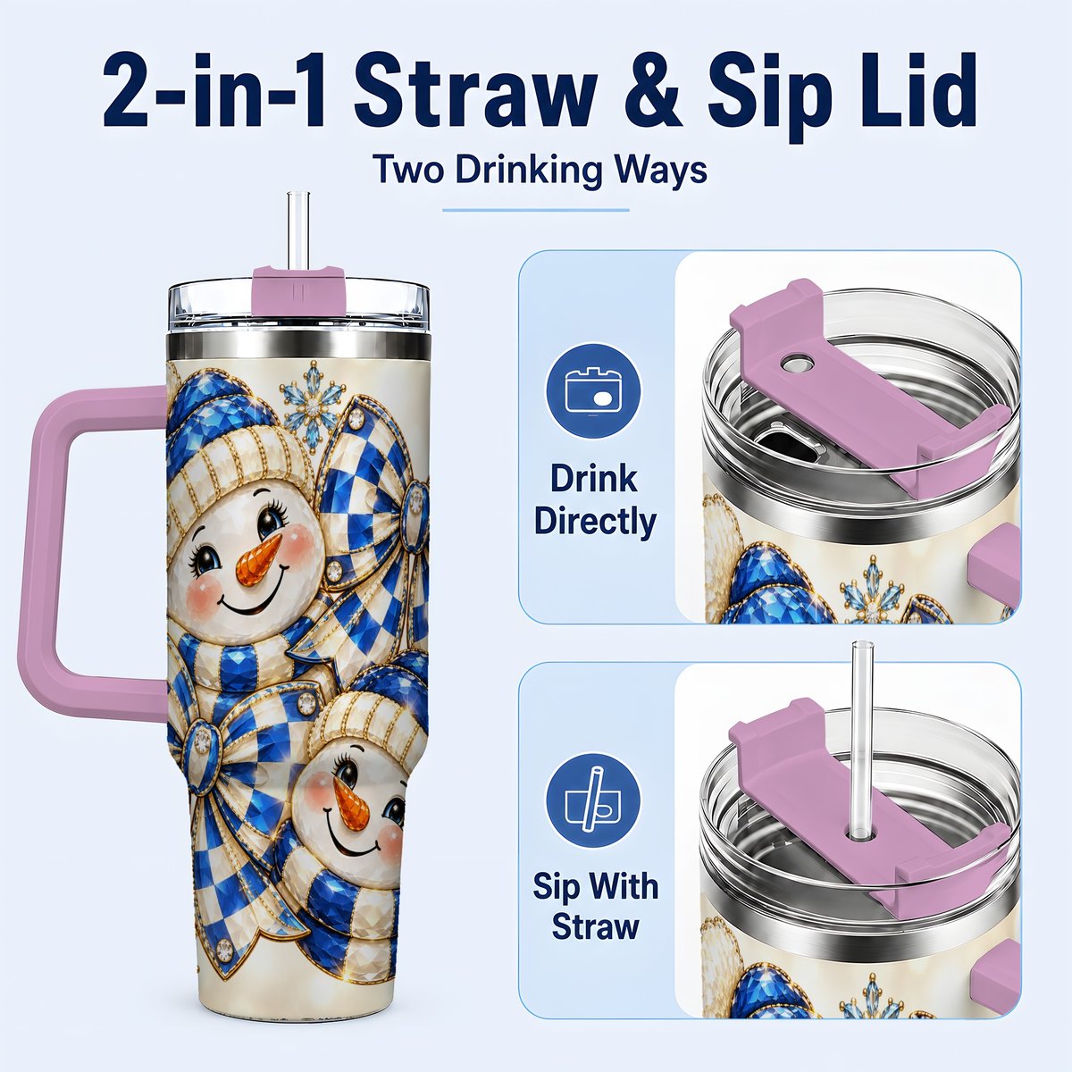 #pl[Pink] Blue Snowman Pair 40oz Tumbler with Handle, Winter Bow Art