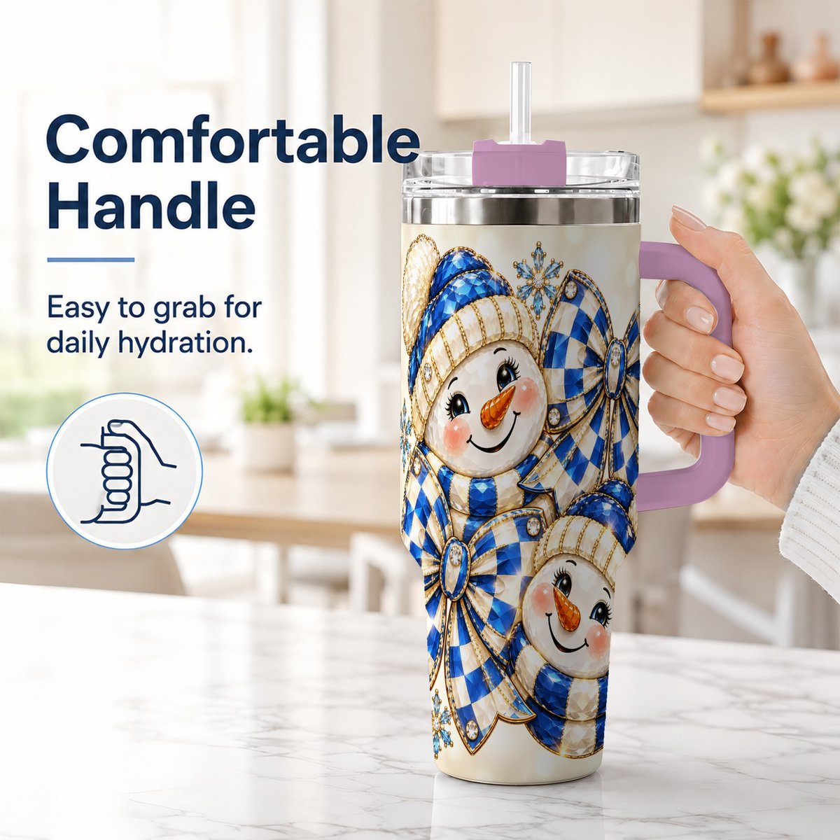 #pl[Pink] Blue Snowman Pair 40oz Tumbler with Handle, Winter Bow Art