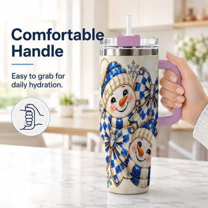 #pl[Pink] Blue Snowman Pair 40oz Tumbler with Handle, Winter Bow Art