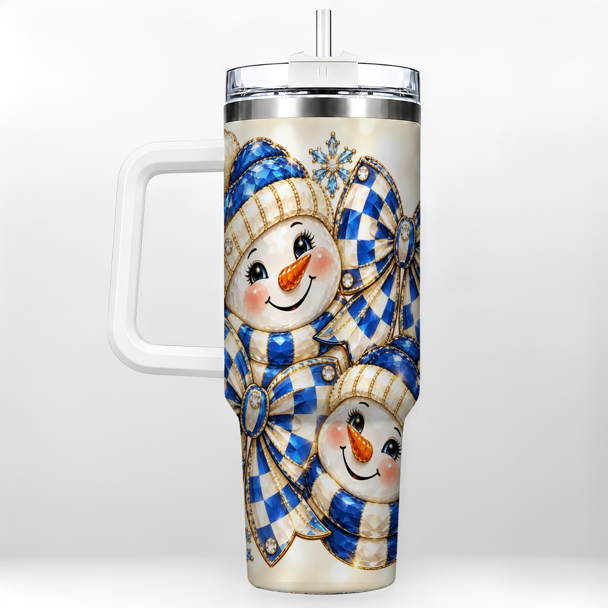 Blue Snowman Pair 40oz Tumbler with Handle, Winter Bow Art