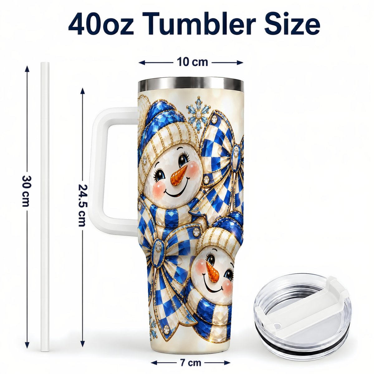 #pl[White] Blue Snowman Pair 40oz Tumbler with Handle, Winter Bow Art