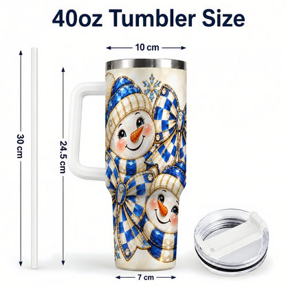 #pl[White] Blue Snowman Pair 40oz Tumbler with Handle, Winter Bow Art
