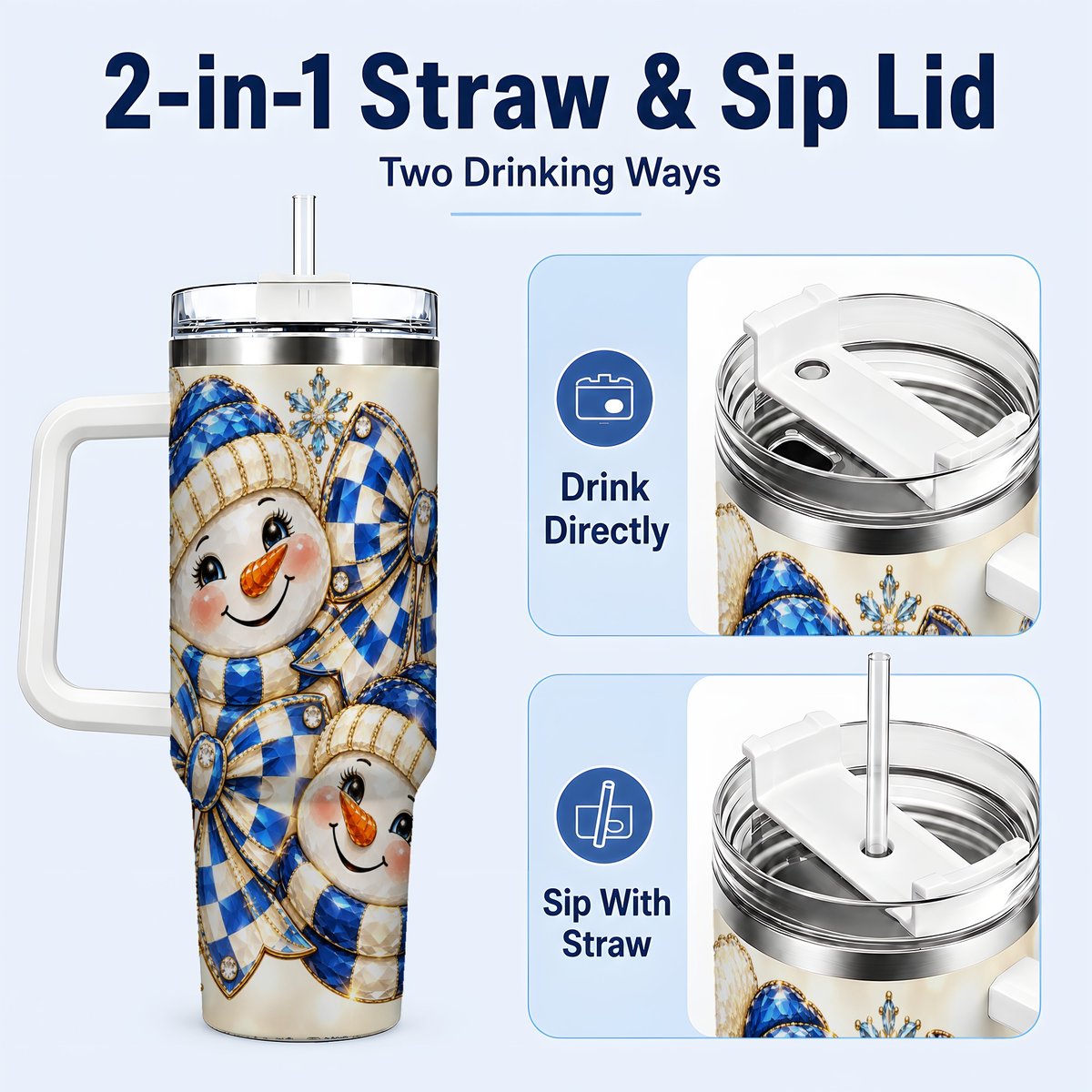#pl[White] Blue Snowman Pair 40oz Tumbler with Handle, Winter Bow Art