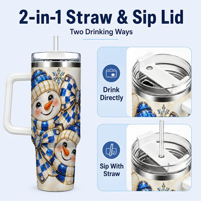#pl[White] Blue Snowman Pair 40oz Tumbler with Handle, Winter Bow Art