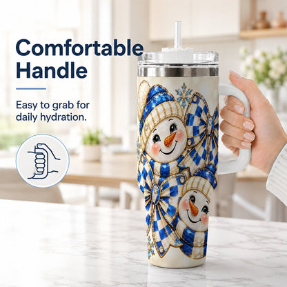 #pl[White] Blue Snowman Pair 40oz Tumbler with Handle, Winter Bow Art
