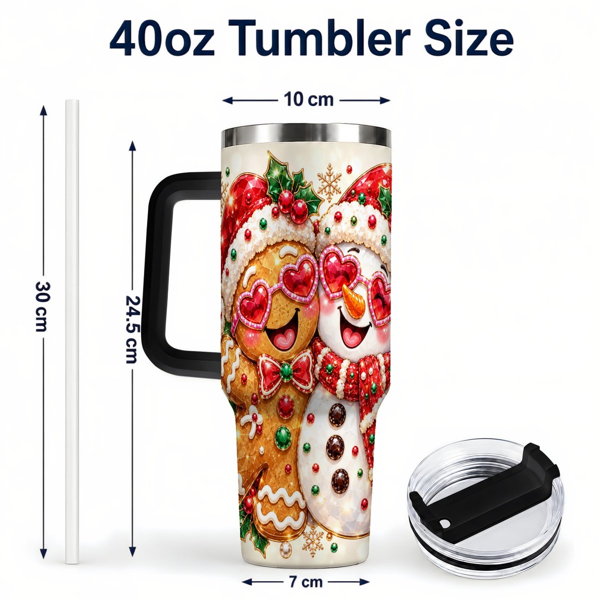 #pl[Black] Gingerbread Snowman 40oz Tumbler with Handle, Holiday Friends Art